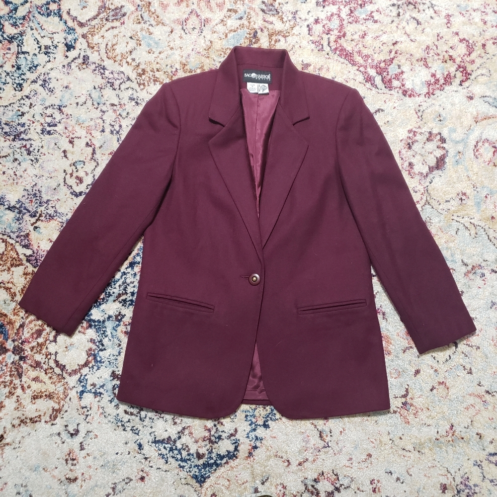 90s Vintage Sag Harbor 100% Wool Burgundy Blazer Size 4 Petite